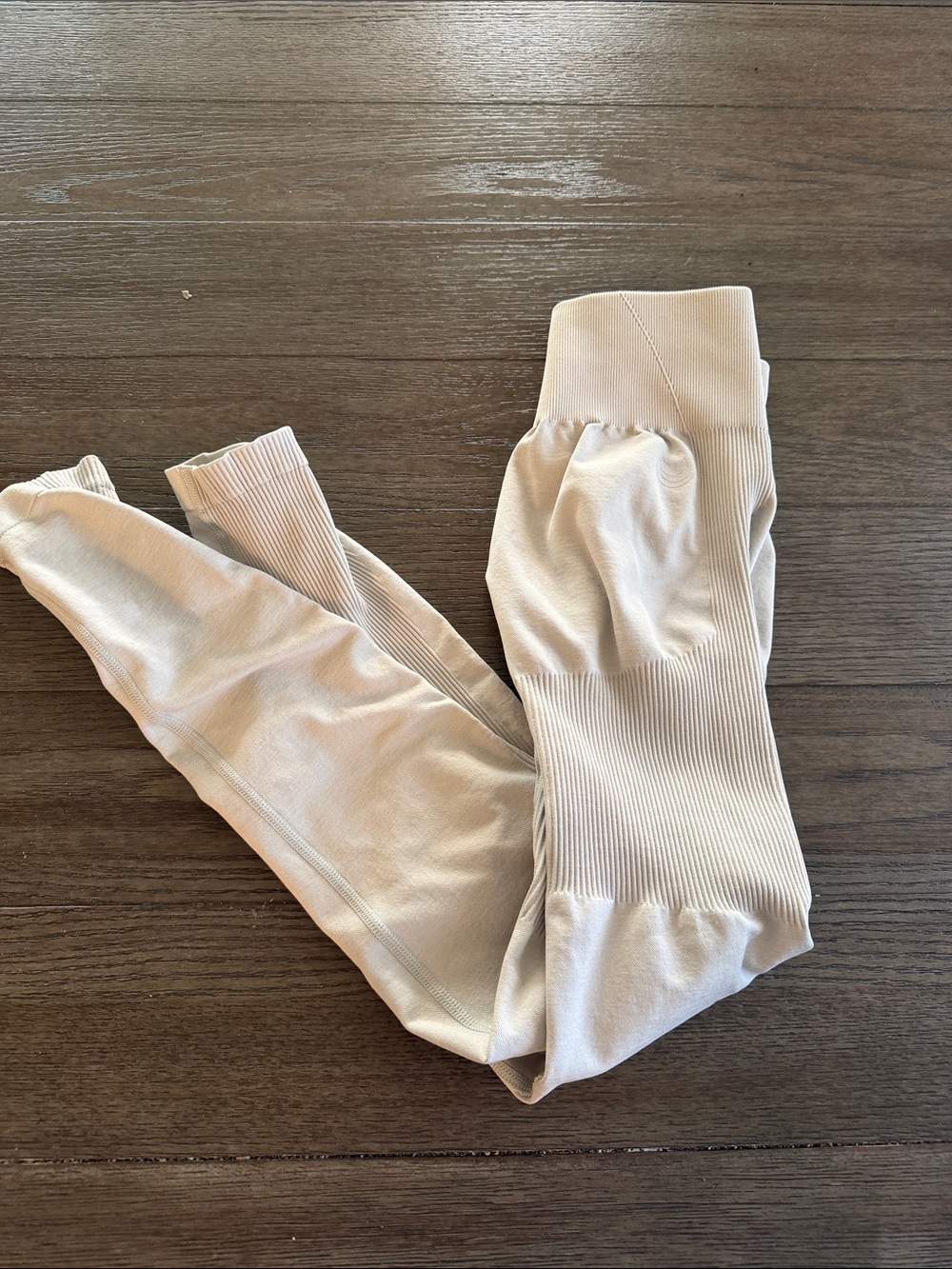 Women's Neutral Beige Ribbed High-Waist Leggings